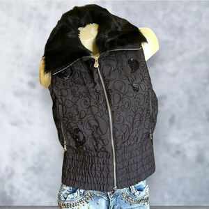 Beyoncé RARE House of Dereon Black Beaded Vest with Removable Rabbit Fur Collar